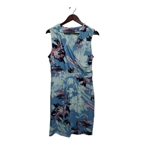 Beautiful blue white & pink mini dress with belt loops, by Venus.  Size Large - Picture 3 of 6